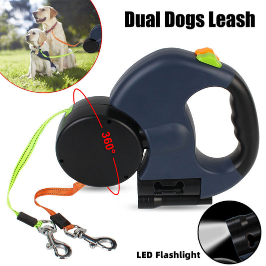 Retractable Dual Dog Leash with Lights – 360° Swivel, Reflective, for Small Dogs